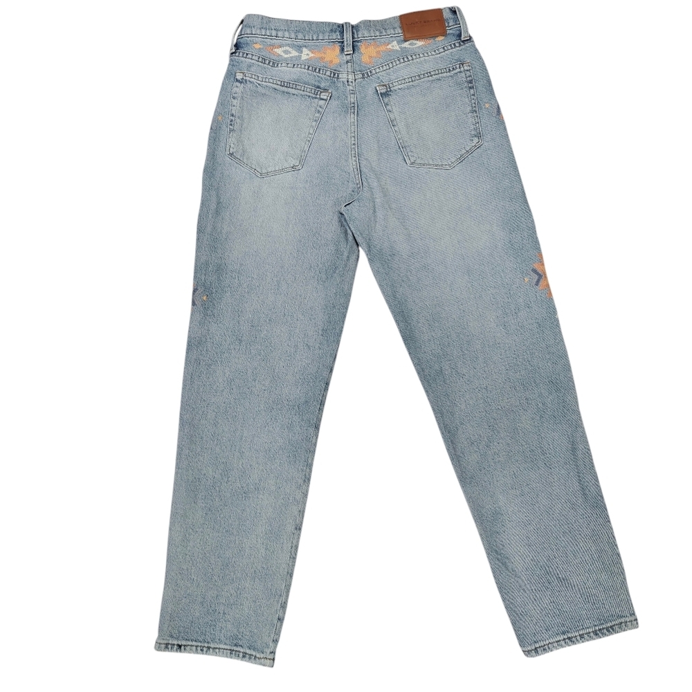 Lucky Brand~Womens Drew High Rise Mom Jeans~Western Aztec Embroidery~Blue~10/30 - Picture 5 of 12